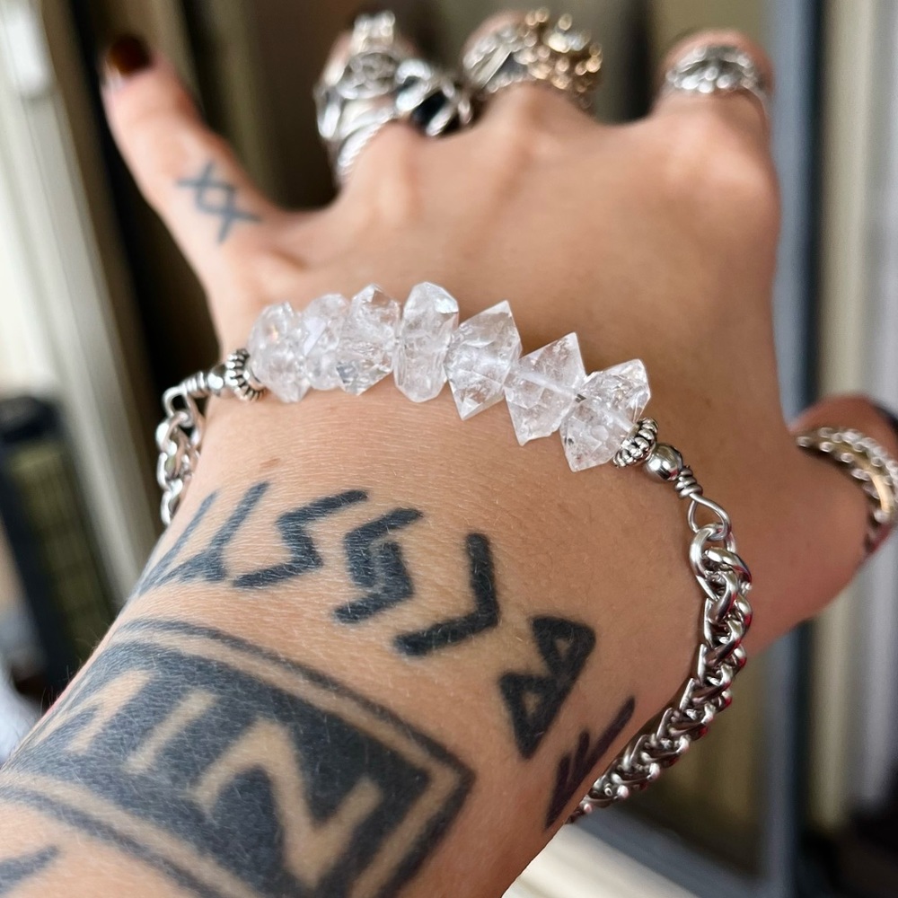✨ 7 big genuine herkimers diamonds stainless steel wheat chain crystal bracelet - Picture 5 of 14
